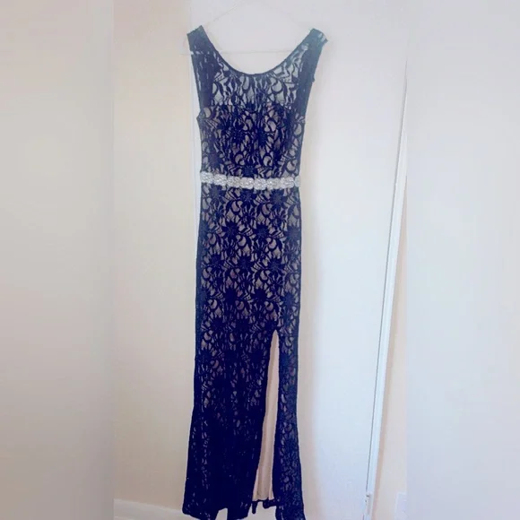 blue long gown dress Ellie Wilde EW36083 A Line Lace Long Formal Prom Dress main image 1
